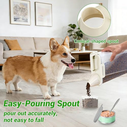 Cat Dog Food Storage Container, 3–5Lbs Portable Pet Food Storage Containers with Cup & Silicone Can Lids for Canned Food Spoon, Small Animal Kibble Dispenser for Bird Seed Cereals Clear/Beige