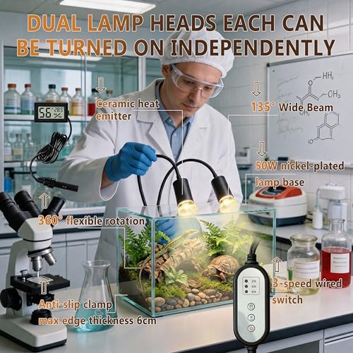 5.0 New Upgraded Reptile Heat Lamp& Hygrothermograph|Individual Control |135°Golden Wide-Angle|5000 Hours of Service Life|UVA UVB Light for Reptiles for Turtle Lizard and More 2 Bulbs 50W