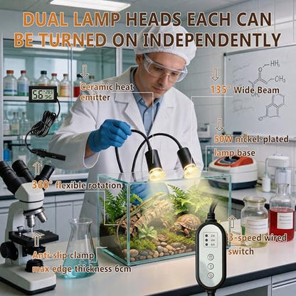 5.0 New Upgraded Reptile Heat Lamp& Hygrothermograph|Individual Control |135°Golden Wide-Angle|5000 Hours of Service Life|UVA UVB Light for Reptiles for Turtle Lizard and More 2 Bulbs 50W