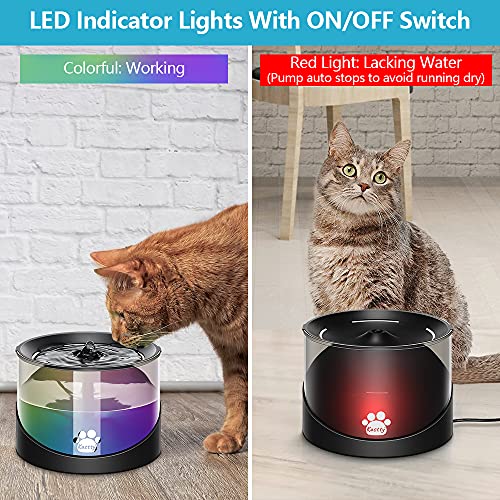 Kastty Cat Water Fountain, Pet Water Fountain for Cats Indoor, Cat Water Dispenser 2.2L/74oz, Super Quiet, Long Life Span Pump, Black+Colorful LED Light