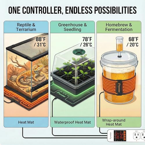 Digital Temperature Controller Dual Probe Reptile Thermostat Controlled Outlet for Terrarium Heat Mat Heating Pad, Switch Cooling Fan Freezer Fridge ON & Off at Setpoints 10A 1200W
