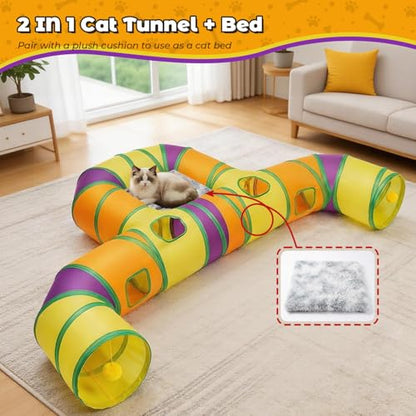 Cat Tunnel for Indoor Cats Large, Collapsible Cat Playhouse Pet Play Tunnel Tube Maze with Hanging Pom-Poms and Interactive Holes for Kitten, Kitty, Puppy, Rabbits, Ferret, Guinea Pig