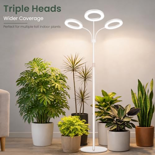 LBW 3-Head Grow Light with Stand for Indoor Plants, Full Spectrum Grow Light for Tall Large Plants, Adjustable Height up to 68", Auto Cycle Timer 6/8/12/16H, 5-Level Dimming, 3 Lighting Modes,White - size: 3 Head 6.3" White