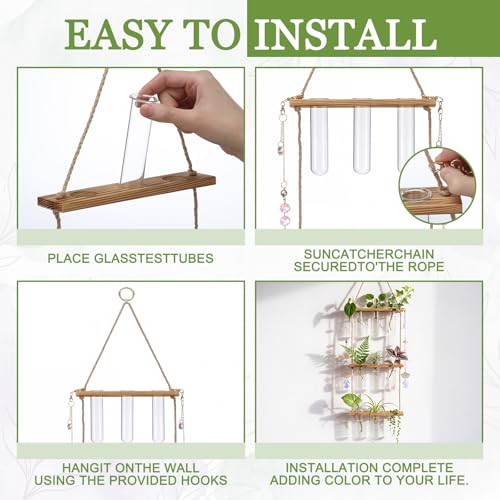 3 Tier Wall Hanging Propagation Stations with Crystal Suncatchers | Wall Plant Flower Vase, 9 Glass Test Tube Holder, Wooden Stand for Hydroponic Cutting, Window Decor Gift for Plant Lover