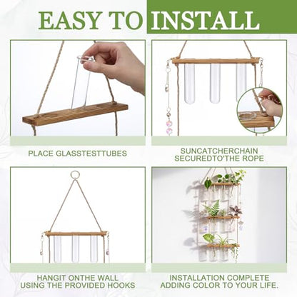 3 Tier Wall Hanging Propagation Stations with Crystal Suncatchers | Wall Plant Flower Vase, 9 Glass Test Tube Holder, Wooden Stand for Hydroponic Cutting, Window Decor Gift for Plant Lover