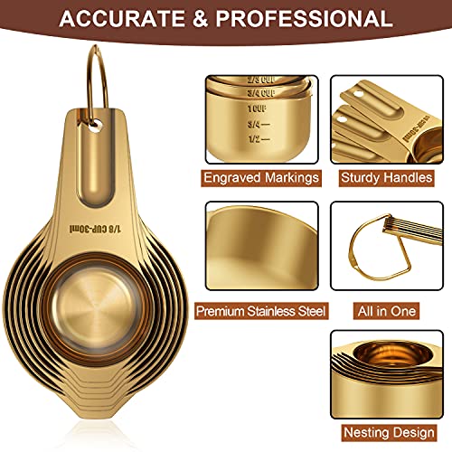 Wildone Copper Plated Measuring Cups & Spoons Set of 21 - Includes 7 Stainless Steel Nesting Measuring Cups, 8 Measuring Spoons, 1 Leveler & 5 Mini Measuring Spoons, Ideal for Dry & Liquid Ingredients - color: Copper