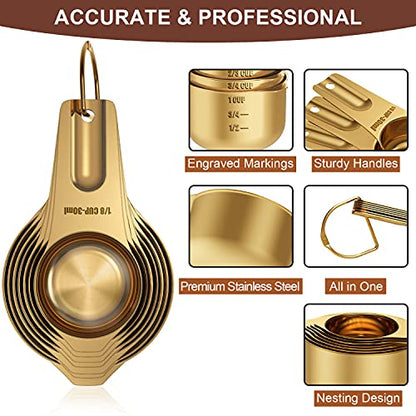 Wildone Copper Plated Measuring Cups & Spoons Set of 21 - Includes 7 Stainless Steel Nesting Measuring Cups, 8 Measuring Spoons, 1 Leveler & 5 Mini Measuring Spoons, Ideal for Dry & Liquid Ingredients - color: Copper