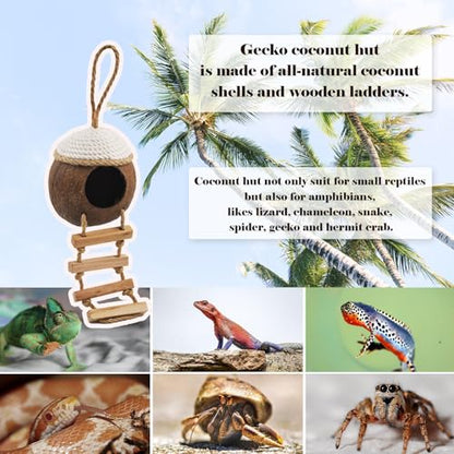 Leopard Gecko Coconut Hut with Ladder,Grested Gecko Coco Den Lizards Hanging Coconut Shell Hideout Cave Reptiles Tank Accessories Climbing Hanging Plants Jungle Vine Flexible Leaves Decor - style: 【Style D】