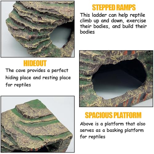 kathson Small Turtles Basking Platform,Resin Reptile Hideouts Cave Habitat Decor,Tortoise Hide Cave with Climbing Ramp Step,Bearded Dragons Hide Basking Rocks Accessories for Lizard,Gecko,Frog