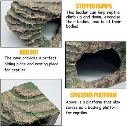 kathson Small Turtles Basking Platform,Resin Reptile Hideouts Cave Habitat Decor,Tortoise Hide Cave with Climbing Ramp Step,Bearded Dragons Hide Basking Rocks Accessories for Lizard,Gecko,Frog