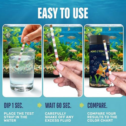 7-in-1 Pond & Fish Tank Test Strips - 50 Count | Fast 30s Water Test Kit for Carbonate, pH, Hardness, Chlorine, Nitrate, Nitrite | Freshwater & Saltwater Aquariums