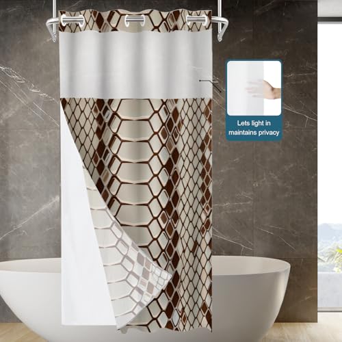 Brown Snake Scale No Hooks Shower Curtain with Snap in Liner Set, Reptile Skin Texture Tub Curtainn Mesh Top Window & Magnetic Hem Waterproof 35.5X74 Inch - color: Brown Snake Scale 1 Brown03, size: 35.4"W x 74"L (Pack of 1)