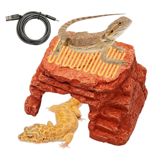 Heated Reptile Hide Cave USB 5V/2A Thermostat Heating Rock | Bearded Dragon Leopard Gecko Ball Python, Reptile Cave Heater with Natural Resin Rock Texture for Terrarium Shelter