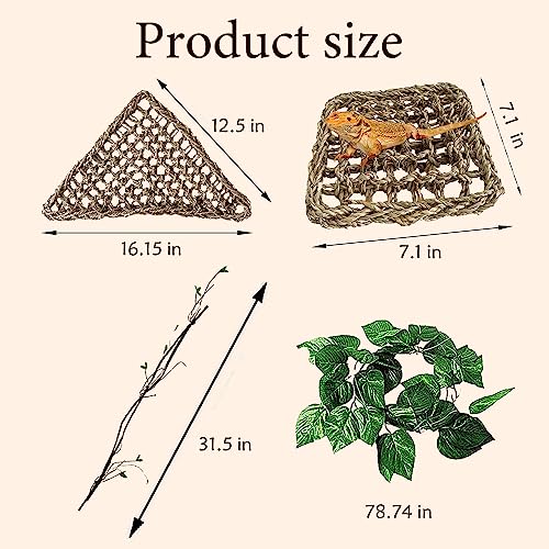 Tank Accessories for Bearded Dragon Include Resin Classical Castle Reptile Hammocks Climb Habitat Hanging Jungle Vines Flexible Leaves Climbing Decor for Chameleon Lizard Gecko Spider(6 PCS)