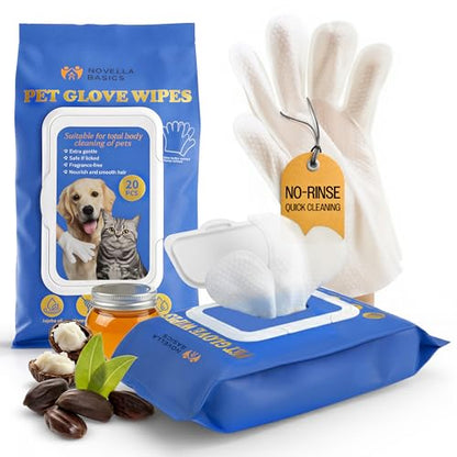 Pet Cleaning Glove Wipes for Dogs & Cats - Hypoallergenic Coconut Infused No-Rinse Dog Washing Gloves - Deodorizing Grooming Mitts - Puppy and Cat Cleaning Wipes - 20 Count
