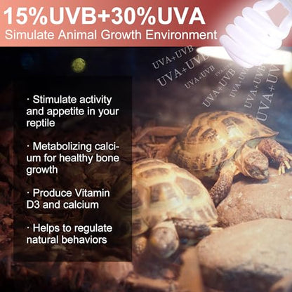 UVB Reptile Light Bulb 15.0, 23W UV Spiral Compact Florescent Terrarium Lamp Ideal for Desert Reptiles & Amphibians Frogs Tortoises Toads Chameleons - 2 Pack - size: UVB15.0