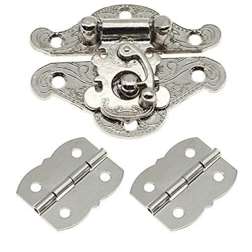 1 Pcs Antique Hasp Latch and 2 Pcs Butterfly-Shape Hinges Decorative Lock Buckle with Matching Screws[FDXGYH,Silver] - color: Silver