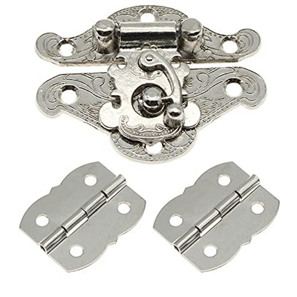 1 Pcs Antique Hasp Latch and 2 Pcs Butterfly-Shape Hinges Decorative Lock Buckle with Matching Screws[FDXGYH,Silver] - color: Silver