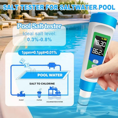 KingSom Pool Salt Tester,Digital Salt Water Pool Tester & PH Tester for Aquarium,High Accuracy Digital Salinity Tester,5 in 1 Salinity PH Temp EC TDS Meter,Pool Water Tester for Swimming Pool Hot Tub