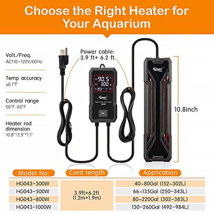hygger Aquarium Heater 300W/500W/800W/1000W, Submersible Fish Tank Heater | with Digital LED Controller and Intelligent Leaving Water Automatically Stop Heating System, for Freshwater and Saltwater - size: 300W for 40-80 Gallon