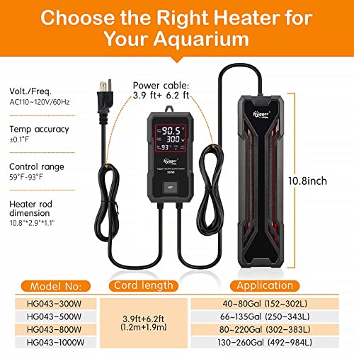 hygger Aquarium Heater 300W/500W/800W/1000W, Submersible Fish Tank Heater | with Digital LED Controller and Intelligent Leaving Water Automatically Stop Heating System, for Freshwater and Saltwater - size: 300W for 40-80 Gallon