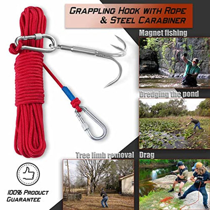 Grapple Hook with Rope-Includes Nylon Rope 6/8/10mm 50FT,Functional Grappling Hook and Double Carabiner,for Magnet Fishing/Drag/Tree Limb Removal - style: Middle+1/4″rope-red