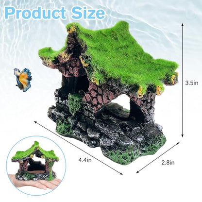 Hamiledyi Resin Hollow Hideout House for Aquarium Decoration Fish Tank Accessories Betta Cave with Lifelike Moss for Shrimp Fish Shelter - style: Pavilion