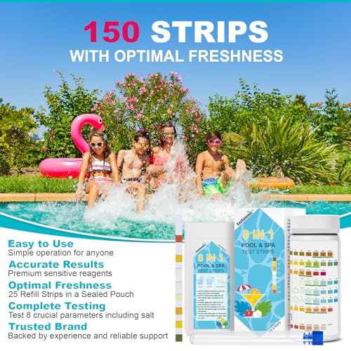 Salt-Water Pool Test Strips Kit: 150 Counts 8-in-1 for Salt Water Pool Testing Kit, Salt Pool Test Strips for Hot Tub Spa Testing Salt Chlorine pH and More - size: 150 Strips