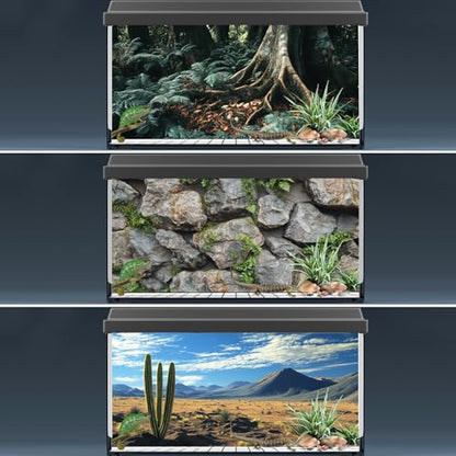 3 PCS Terrarium Background, 48x24 inch Polyester Reptile Backgrounds | Cloth Terrarium Background, Tropical Green Tree Fern & Gobi Desert Sunshine Cactus Rock Terrarium Background - size: 48x24 Inch