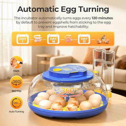 18 Egg Incubators for Hatching Eggs | 360° View with Automatic Egg Turning & Humidity Control, Built-in Egg Candler for Hatching Chicken, Duck, Goose, Quail