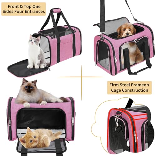 Soft-Sided Cat/Dog/Pet Carrier, Collapsible Pets Travel Carriers | for Big Cats/Small Dogs with Shoulder Strap & Removable Mat, Mesh Puppy Carry Bag, Up to 16 Lbs, TSA Airline Approved(Pink) - color: PINK, size: 17"L x 11"W x 11"H