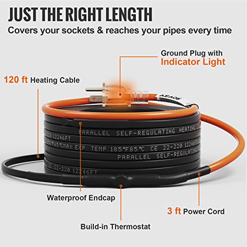 VEVOR Self-Regulating Pipe Heating Cable, 120-feet 5W/ft Heat Tape for Pipes Freeze Protection, Protects PVC Hose, Metal and Plastic Pipe from Freezing, 120V - size: 120 Feet
