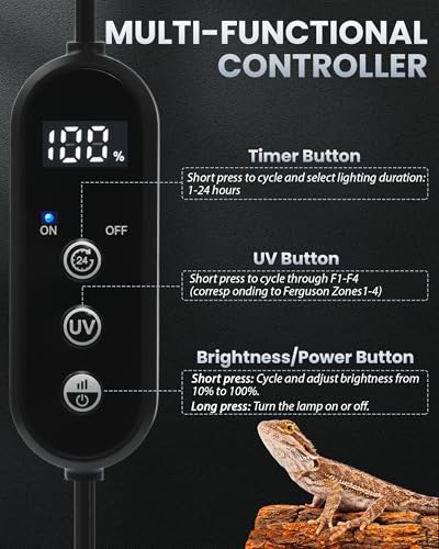 9.8 Inch Reptile LED UVB Light, Ferguson Zone 1-4 Selectable, Auto Cycle Timer, Independent Brightness Adjustment, 9W 6000K Energy-Saving Reptile Lamp (Not a Heat Lamp)