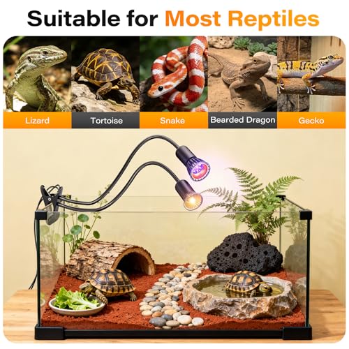 UV Reptile Heat Lamp, UVA UVB Reptile Light with Clamp and Intelligent Cycle Timer for Turtle, Bearded Dragon, Lizard and More,2 Bulbs 50W+UVAUVB
