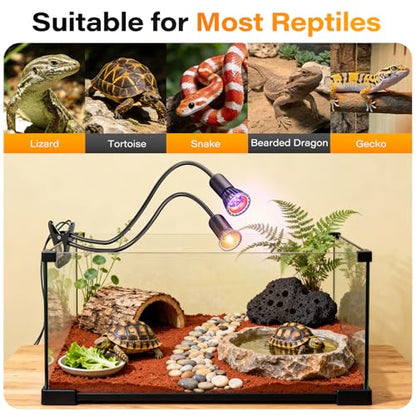 UV Reptile Heat Lamp, UVA UVB Reptile Light with Clamp and Intelligent Cycle Timer for Turtle, Bearded Dragon, Lizard and More,2 Bulbs 50W+UVAUVB