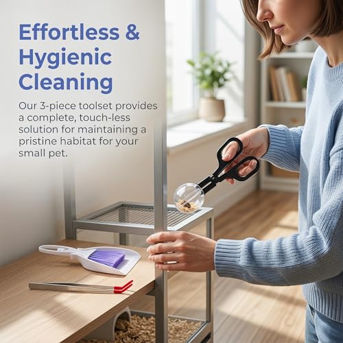Mini Dustpan and Brush Set, Reptile Scoop Feeding Tool, Stainless Steel Straight & Curved Tweezers for Small Animals – Hamsters, Hedgehogs, Rats, Guinea Pigs, Lizards, Reptiles (Black)