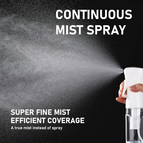 Continuous Spray Bottle for Hair, Refillable Gentle Mister (2 Pack, 6.8 Oz) | Long-Lasting Misting, Ultra-Fine Mist for Hairstyling, Cleaning Solutions, Planting, Pets, Barbers, Salons, Essential Oils - style: White & Black