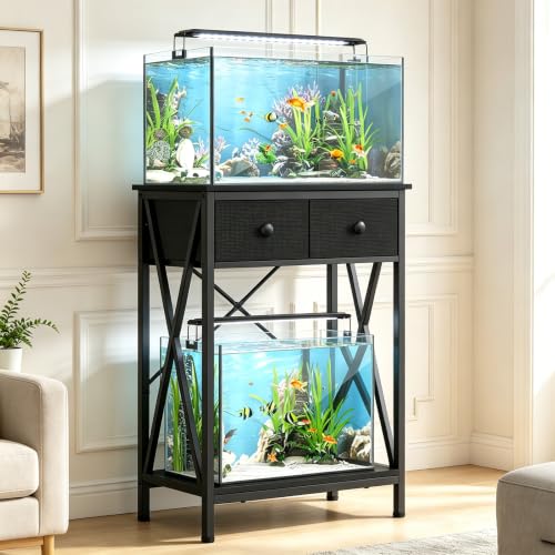 Fish Tank Stand with Drawer, 5-10 Gallon Aquarium Stand Easy Assemble | Stable Metal Frame, 2-Tier Breeder Reptile Turtle Terrarium Table Fits Office Home, 19.4"x11" MDF Tabletop, 220 lbs Capacity - color: Black, size: 5-10 Gallon