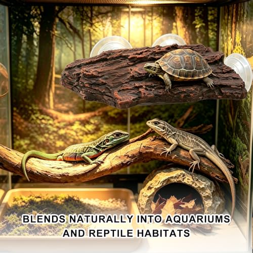Turtle Basking Platform, Climbing Ramp Bark Turtle Dock for Aquarium | Turtle Tank Decor With 3 Suction Cups, Resting Terrace for Terrapins and Frogs - style: Faux Tree Bark