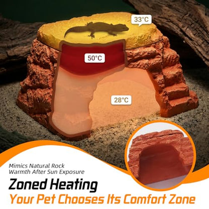 Heated Reptile Hide Cave USB 5V/2A Thermostat Heating Rock | Bearded Dragon Leopard Gecko Ball Python, Reptile Cave Heater with Natural Resin Rock Texture for Terrarium Shelter