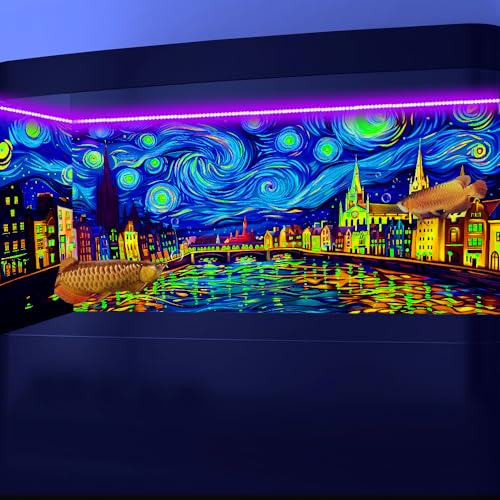 30X18IN Blacklight Vincent Van Gogh Black Light Aquarium Background, UV Fish Tank Background Art Oil Painting Terrarium Background with 10 EVA Double-Sided Tape - size: 30X18in/75X45cm
