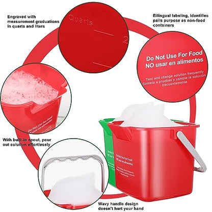 Yaomiao 4 Pcs Cleaning Bucket 3 Qt Sanitizing Bucket,Red, Green | Restaurant Small Square Detergent Pail with Measurements Spout and Handle, for Home, Kitchen, Office, Commercial Use - color: Red, Green