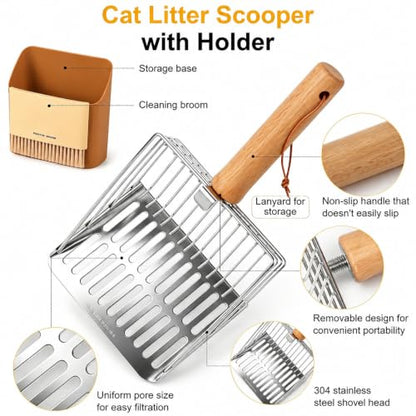 Cat Litter Scoop with Holder, Heavy Duty Stainless Steel Kitty Scooper | with Coarse and Fine Mesh, Includes Broom and Dustpan Set, Quick Sift and Easy Clean, Orange - color: Orange