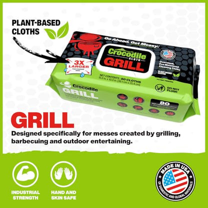Crocodile Cloth Grill Plant-Based Food Safe Cleaning Wipes, 80 Count | Safe on Skin & Multiple Surfaces, Infused with Aloe & Vitamin E, Large, Pre-Moistened & Absorbent - size: 80 Count (Pack of 1)