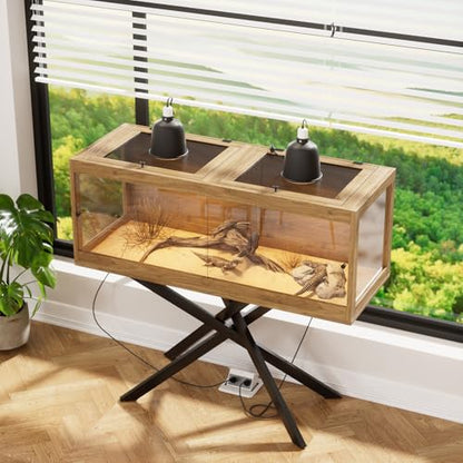 80 Gallon Bearded Dragon Tank with Stand & 4 Leg, Front Sliding Door Tempered Glass Reptile Habitat with Mesh Top for Snakes/Lizards/Geckos/Tortoises (Bulbs Not Included,47inch,Brown)