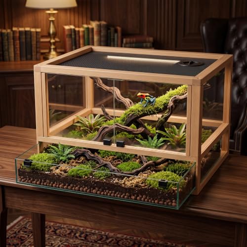 Solid Wood Reptile Tank, Stackable Front-Open Bioactive Vivarium （Beech） | Real Solid Wood, Water-Tested Pull-Out Glass Base, Bioactive Ready, Easy Cleaning, Expandable Modular Design