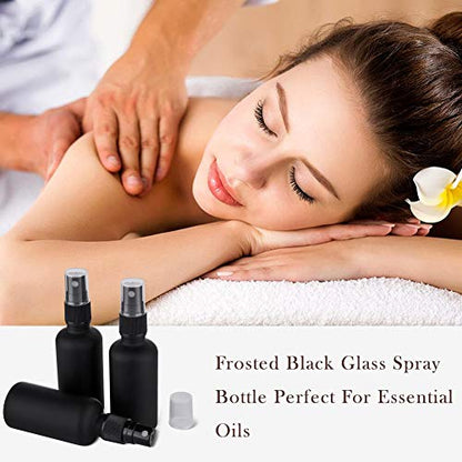 2oz Frosted Black Glass Spray Bottles for Essential Oils, Set of 3 | Small, Travel, Mini, Empty, Fine Mist, for Facial, Cosmetic, Perfume, Hair Care, Room, Refillable, Leakproof, UV protection - color: Frosted Black