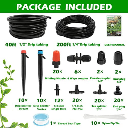Maotong 240FT Drip Irrigation System Kit, Automatic Garden Watering Misting System for Greenhouse, Yard, Lawn, Plant with 1/2 inch Hose 1/4 inch Distribution Tubing and Accessories - size: 240 FT (40FT Main tube+200FT Distribution tube)