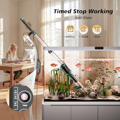AKKEE Aquarium Vacuum Gravel Cleaner, 36W Electric Fish Tank Cleaner Vacuum, 8 in 1 Multifunctional Aquarium Cleaner for Automatic Water Change, Wash Sand, Water Circulation and Timed Off，Green