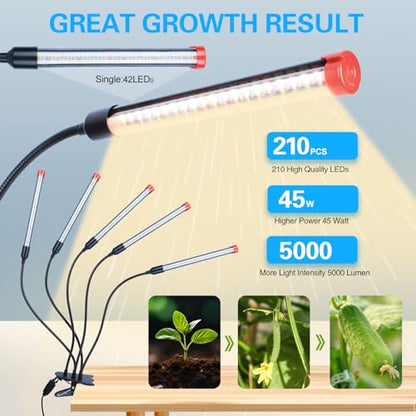 FECiDA Gamechanger 2026 45 Watt Power Draw, NO Need Adapter, 5Head Strong Clip Grow Lights for Indoor Plants with 4/8/12/16/20H Timer, LED Plant Growing Lamps for Houseplants, Bonsai, Seed Starting - size: Clip-5Head-45W